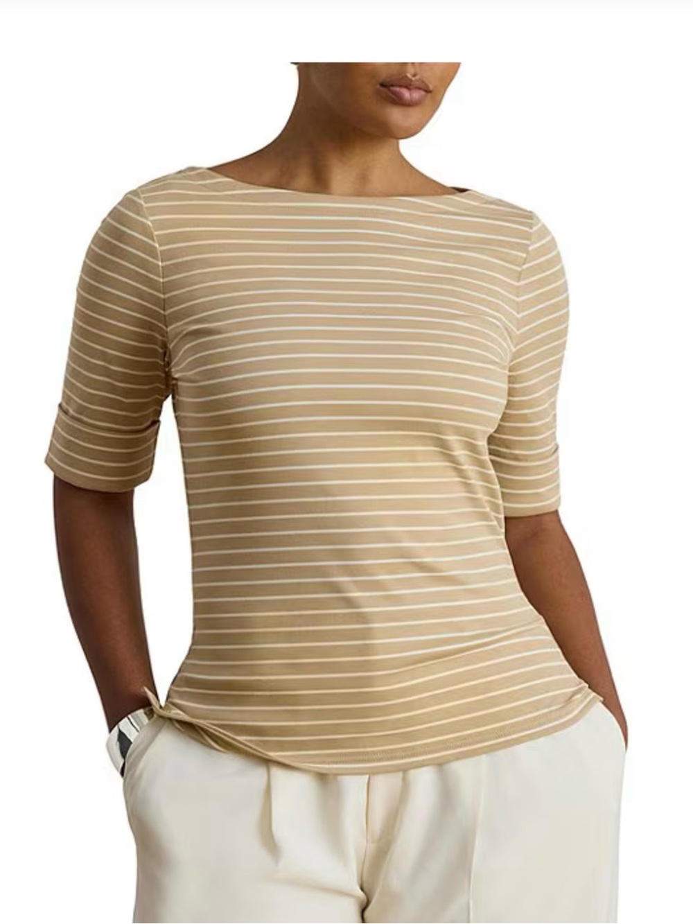 Lauren Ralph Lauren Tan and White Striped Boatneck Short-Sleeve Top